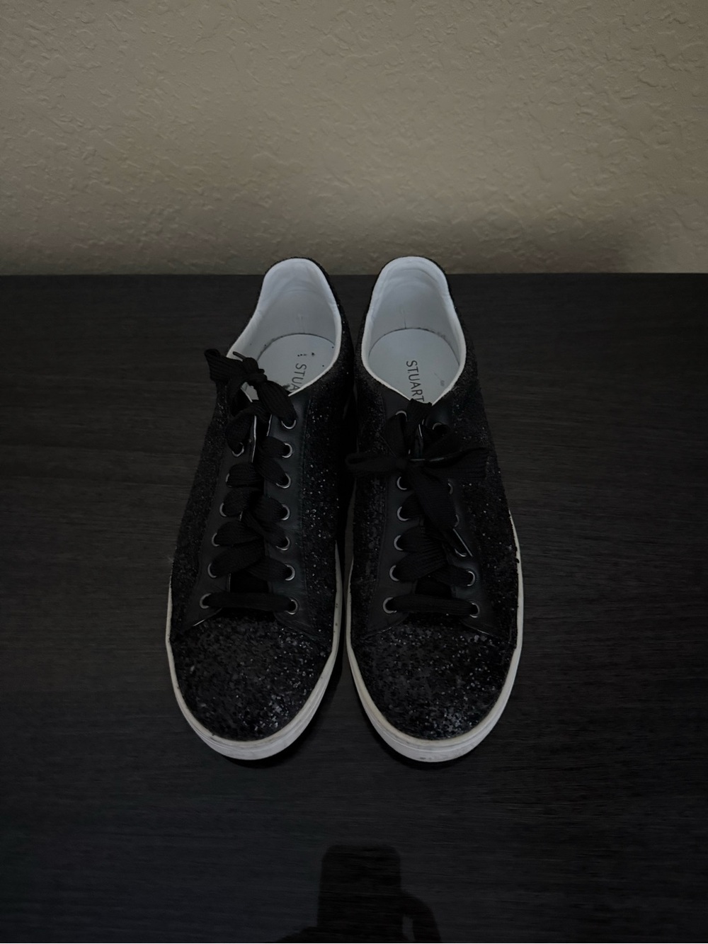 Stuart Weitzman Black Glitter Low-Top Lace-Up Sneakers